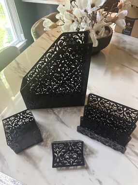 Black Filigree Metal Desk Organizer Set of 4 pieces